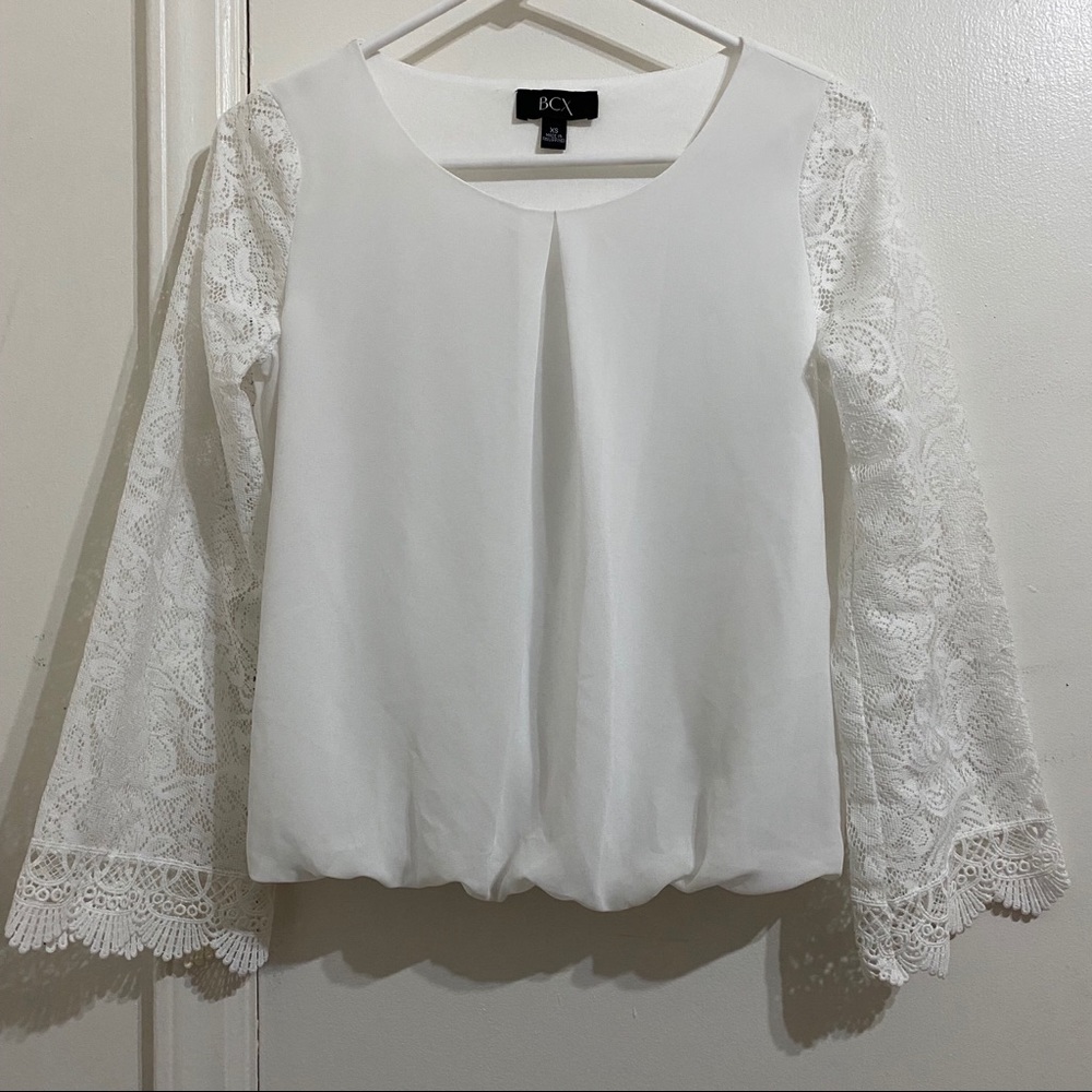 BCX White Flared Lace Sleeve Scoop Neck Blouse